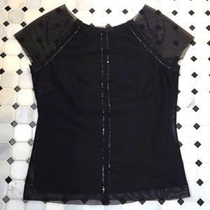 EUC BCBG Max Azaria Sheer Cap Sleeve Sequin Trim Blouse Black Size M